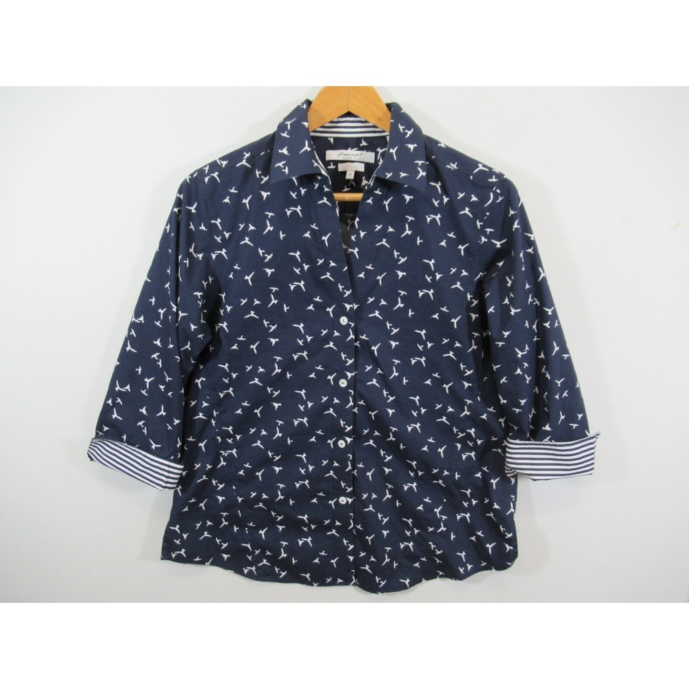 Foxcroft Bird Print Button Up Shirt Women Medium Navy Blue 3/4 Sleeve Easy Care